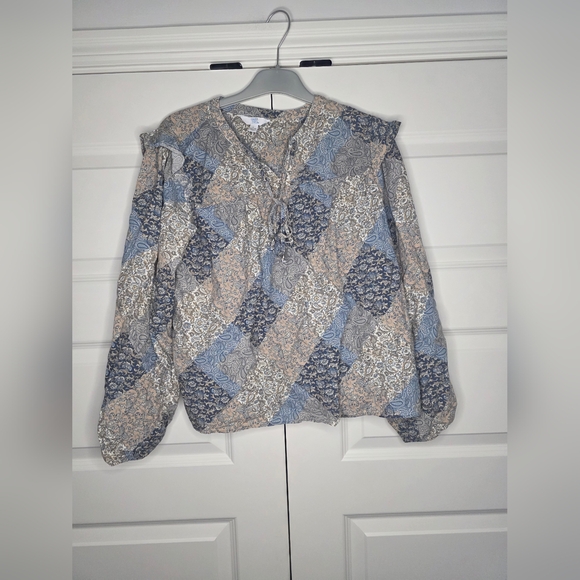 Time and Tru Tops - Time and Tru Large (12-14) Womens Blue Beige Paisley Patchwork Long Sleeve Top